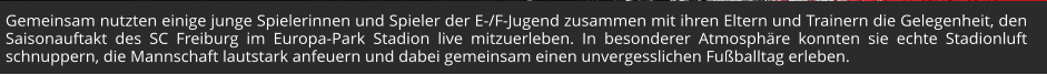 Gemeinsam nutzten einige junge Spielerinnen und Spieler der E-/F-Jugend zusammen mit ihren Eltern und Trainern die Gelegenheit, den Saisonauftakt des SC Freiburg im Europa-Park Stadion live mitzuerleben. In besonderer Atmosphäre konnten sie echte Stadionluft schnuppern, die Mannschaft lautstark anfeuern und dabei gemeinsam einen unvergesslichen Fußballtag erleben.